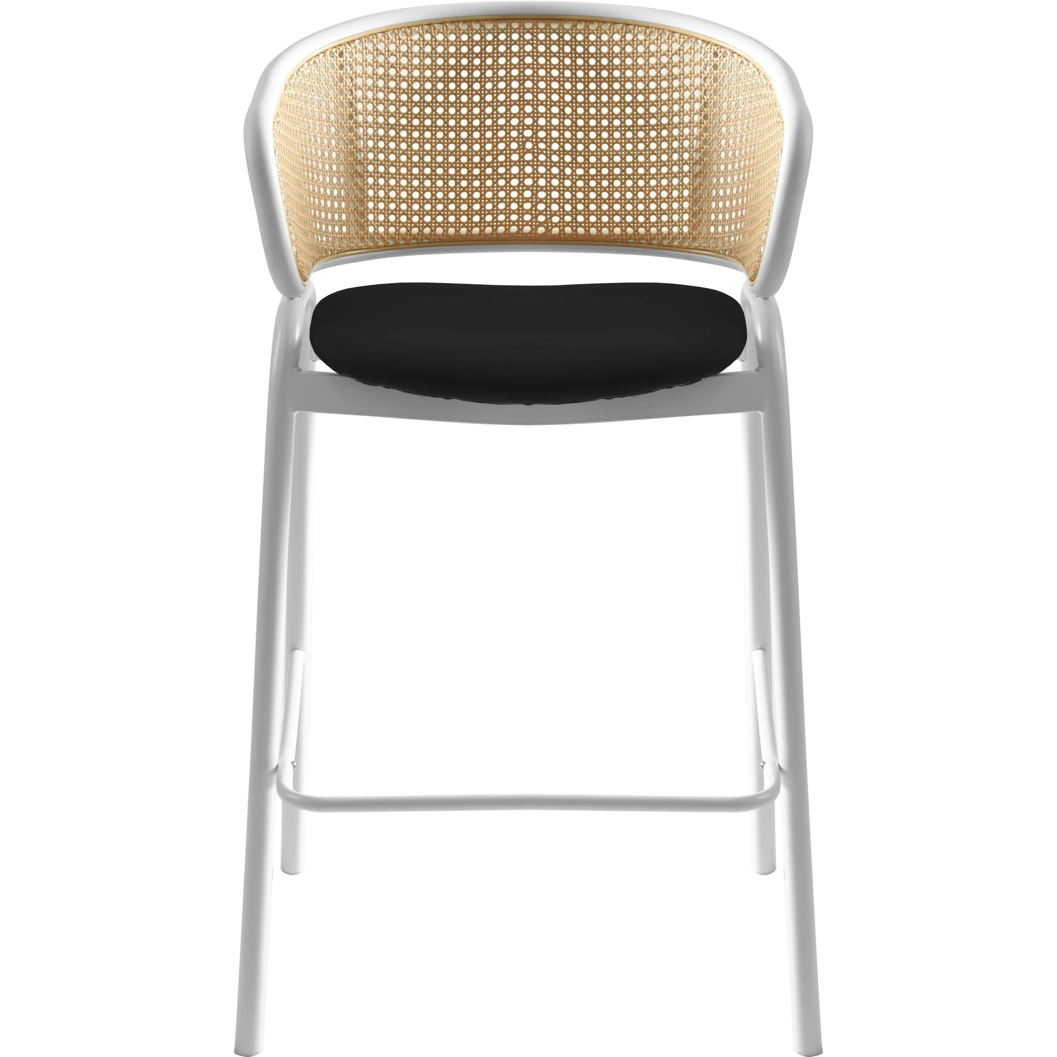Ervilla Wicker Bar Stool with Leather Seat and Black/White Stainless Steel Frame