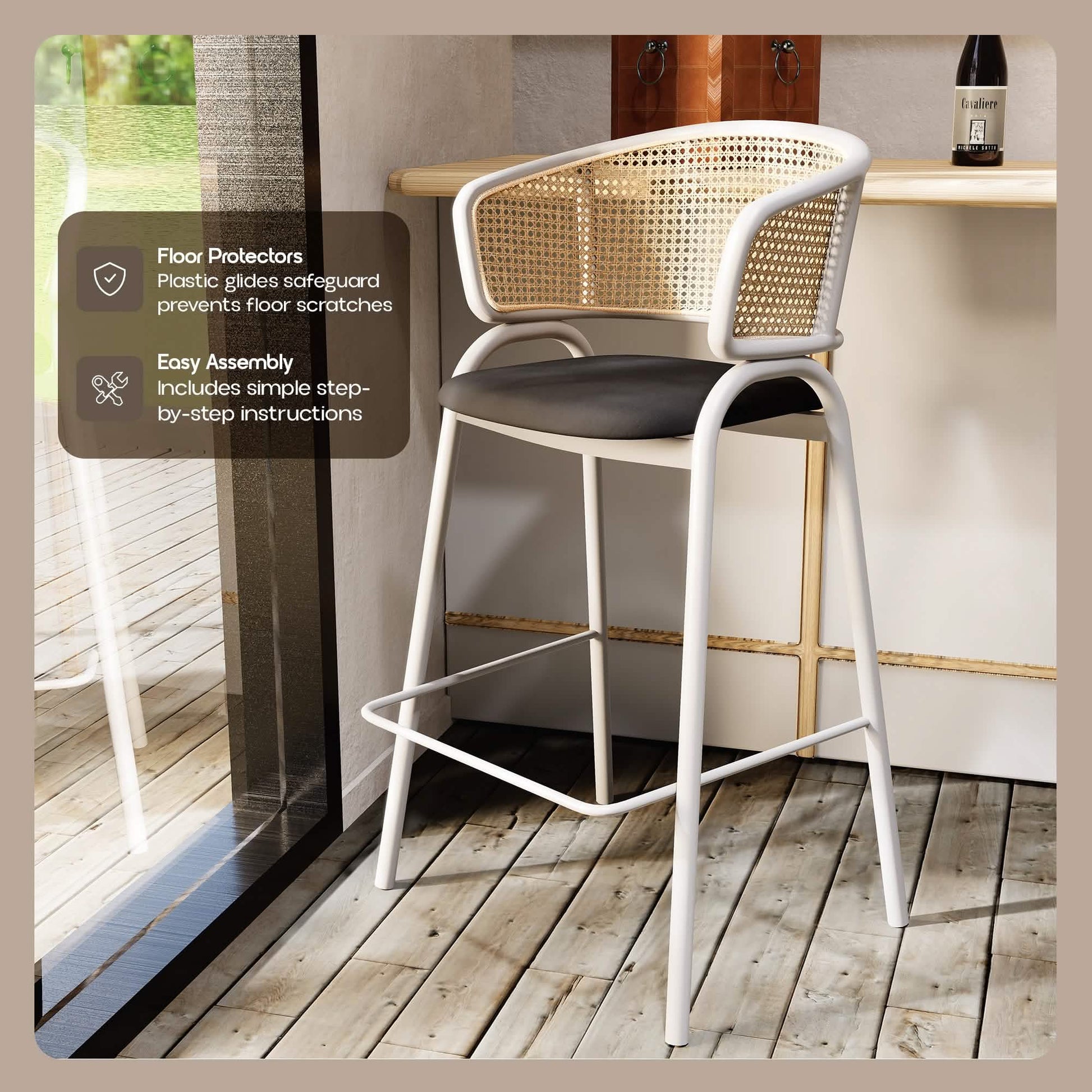 Ervilla Wicker Bar Stool with Leather Seat and Black/White Stainless Steel Frame