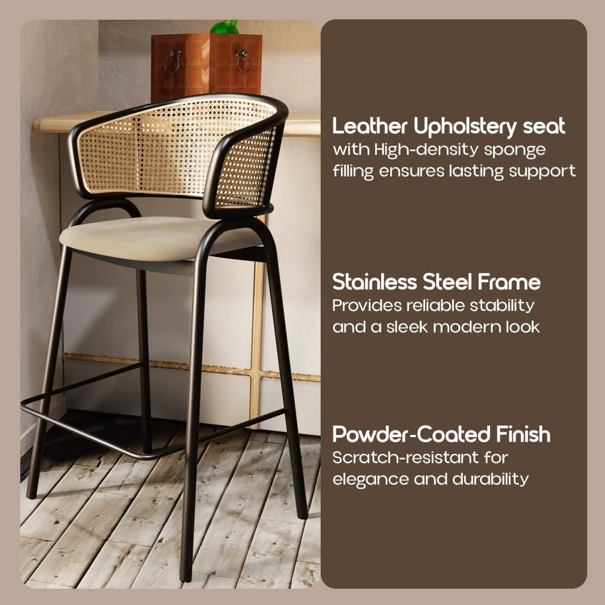 Ervilla Wicker Bar Stool with Leather Seat and Black/White Stainless Steel Frame
