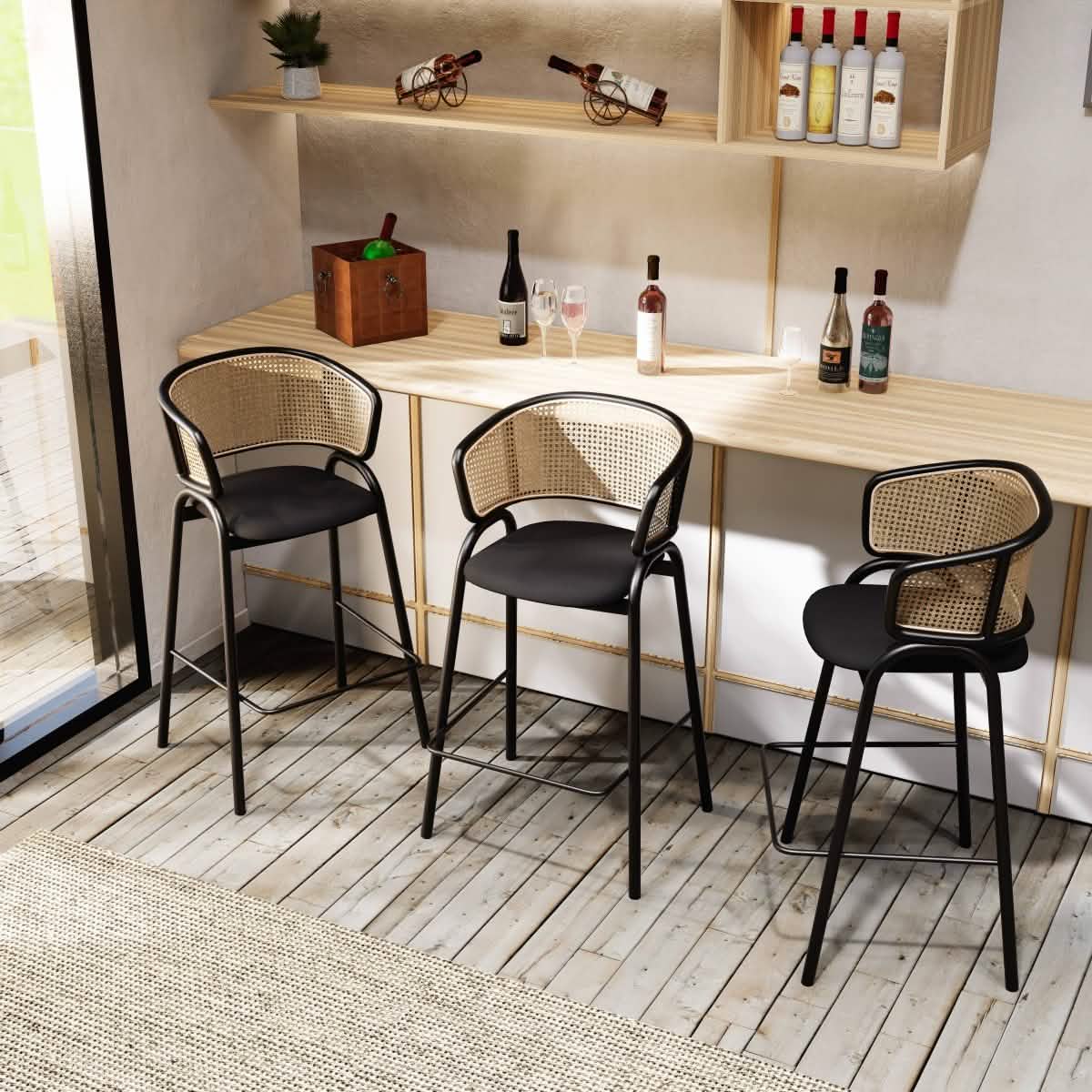 Ervilla Wicker Bar Stool with Leather Seat and Black/White Stainless Steel Frame