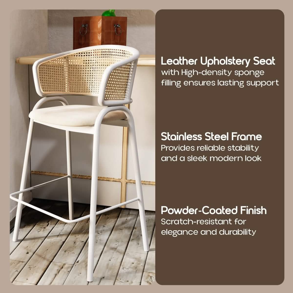 Ervilla Wicker Bar Stool with Leather Seat and Black/White Stainless Steel Frame