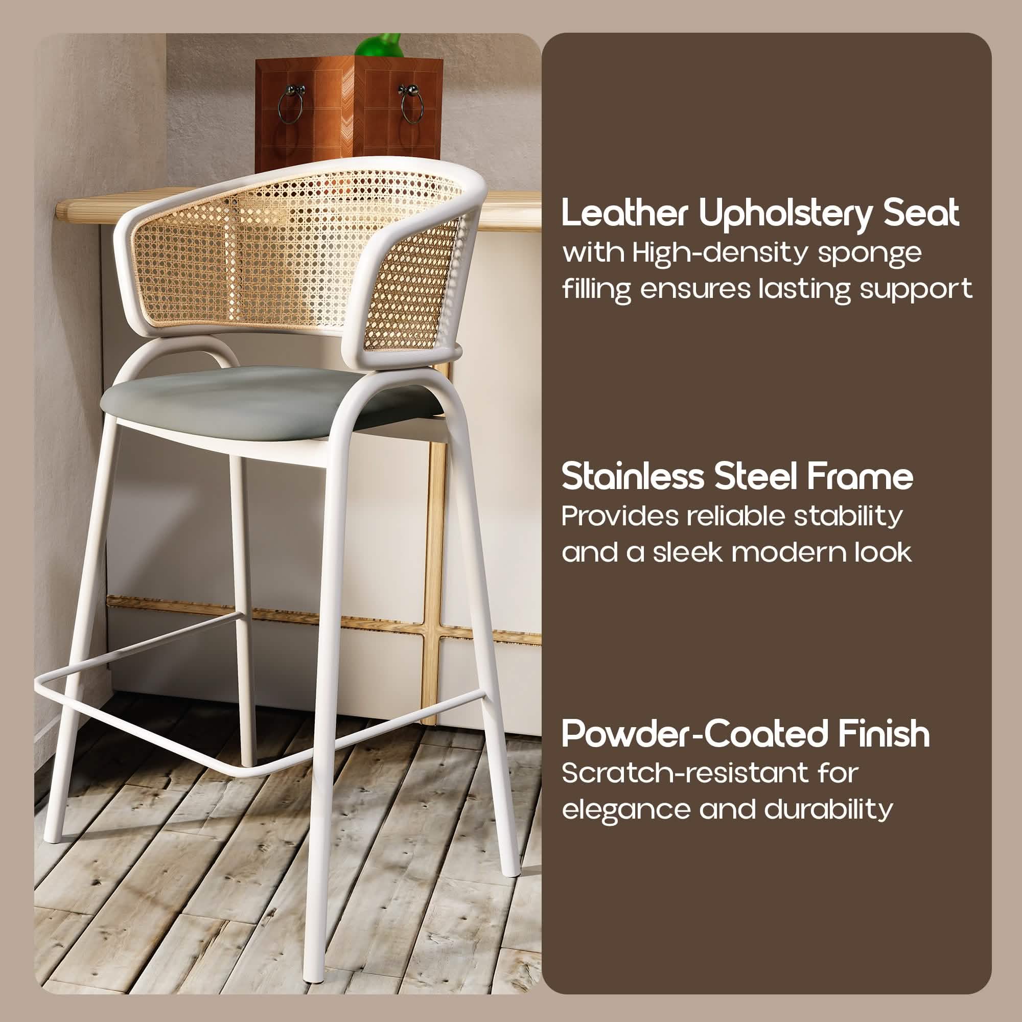Ervilla Wicker Bar Stool with Leather Seat and Black/White Stainless Steel Frame