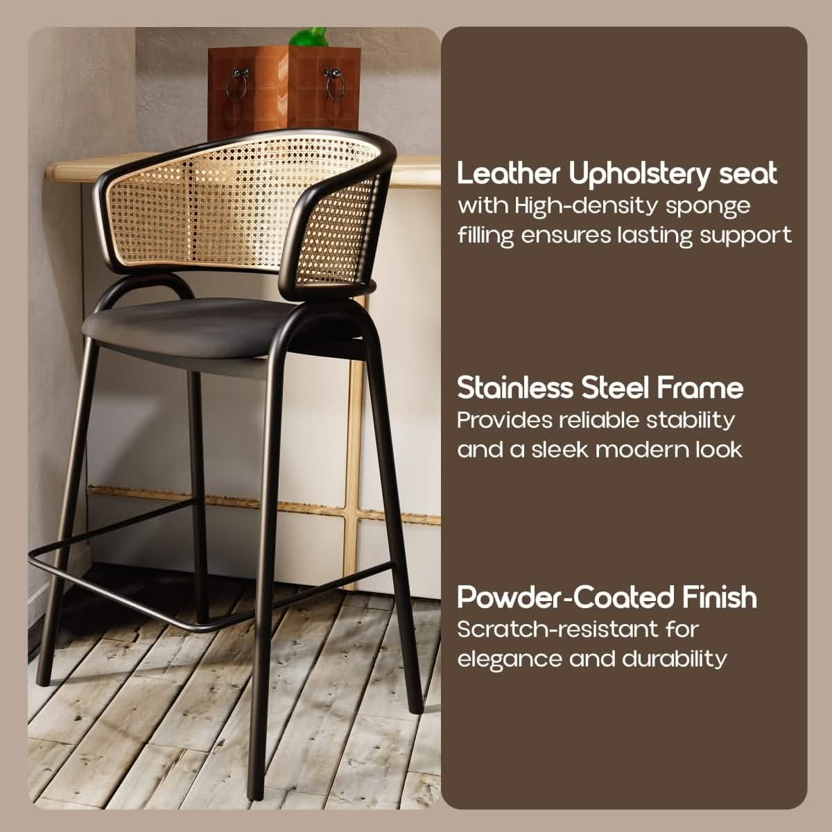 Ervilla Wicker Bar Stool with Leather Seat and Black/White Stainless Steel Frame