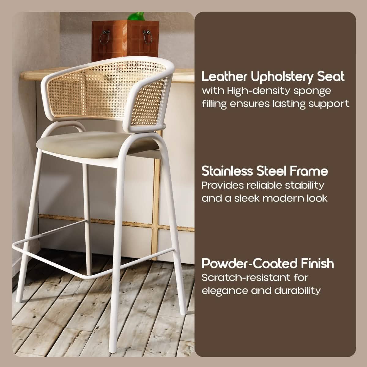 Ervilla Wicker Bar Stool with Leather Seat and Black/White Stainless Steel Frame