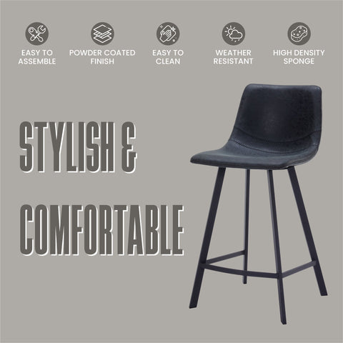 Elland 35” Counter Stool in Leather Padded Seat in Black Stainless Steel