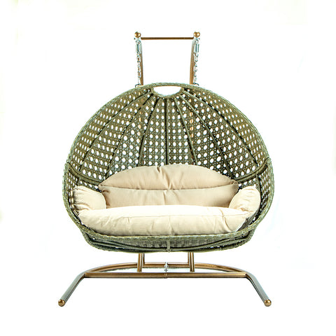 Wicker Hanging Double Egg Beige Swing Chair with an Iron Base