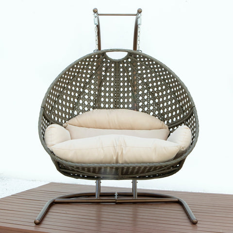 Wicker Hanging Double Egg Beige Swing Chair with an Iron Base