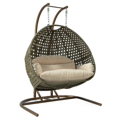 Wicker Hanging Double Egg Beige Swing Chair with an Iron Base