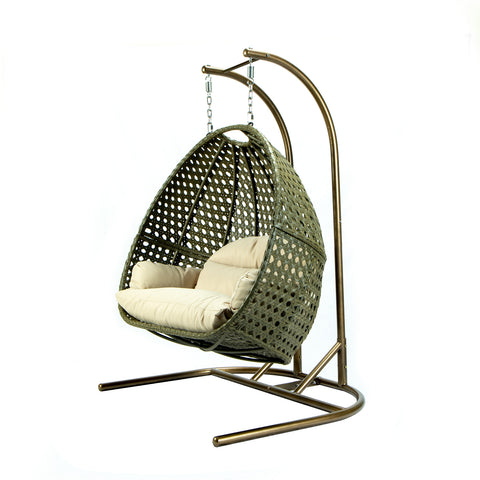 Wicker Hanging Double Egg Beige Swing Chair with an Iron Base