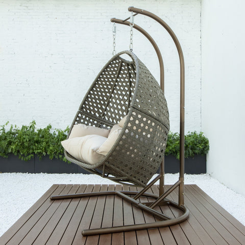 Wicker Hanging Double Egg Beige Swing Chair with an Iron Base