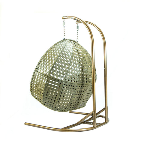 Wicker Hanging Double Egg Beige Swing Chair with an Iron Base