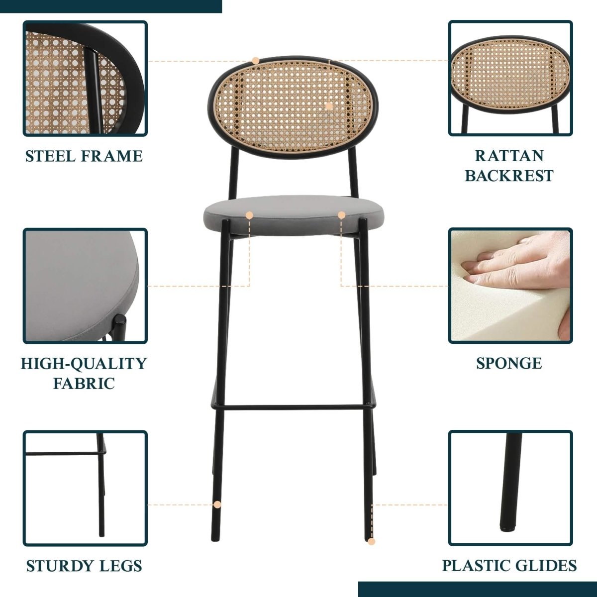 Euston Wicker Bar Stool with Black Powder Coated Steel Frame and Footrest