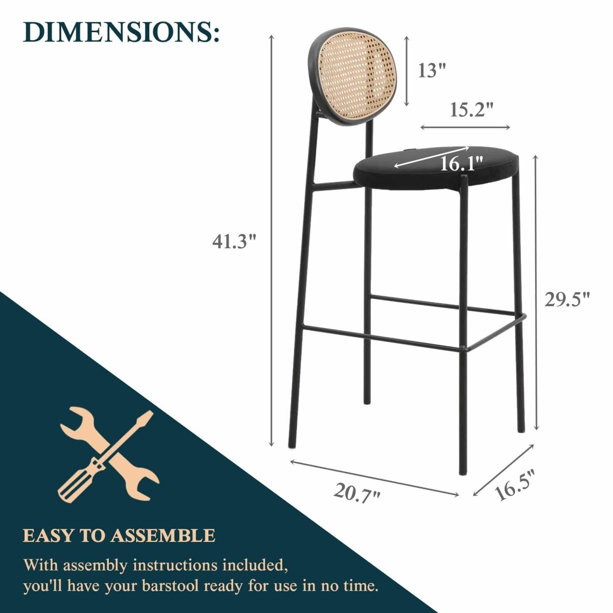 Euston Wicker Bar Stool with Black Powder Coated Steel Frame and Footrest