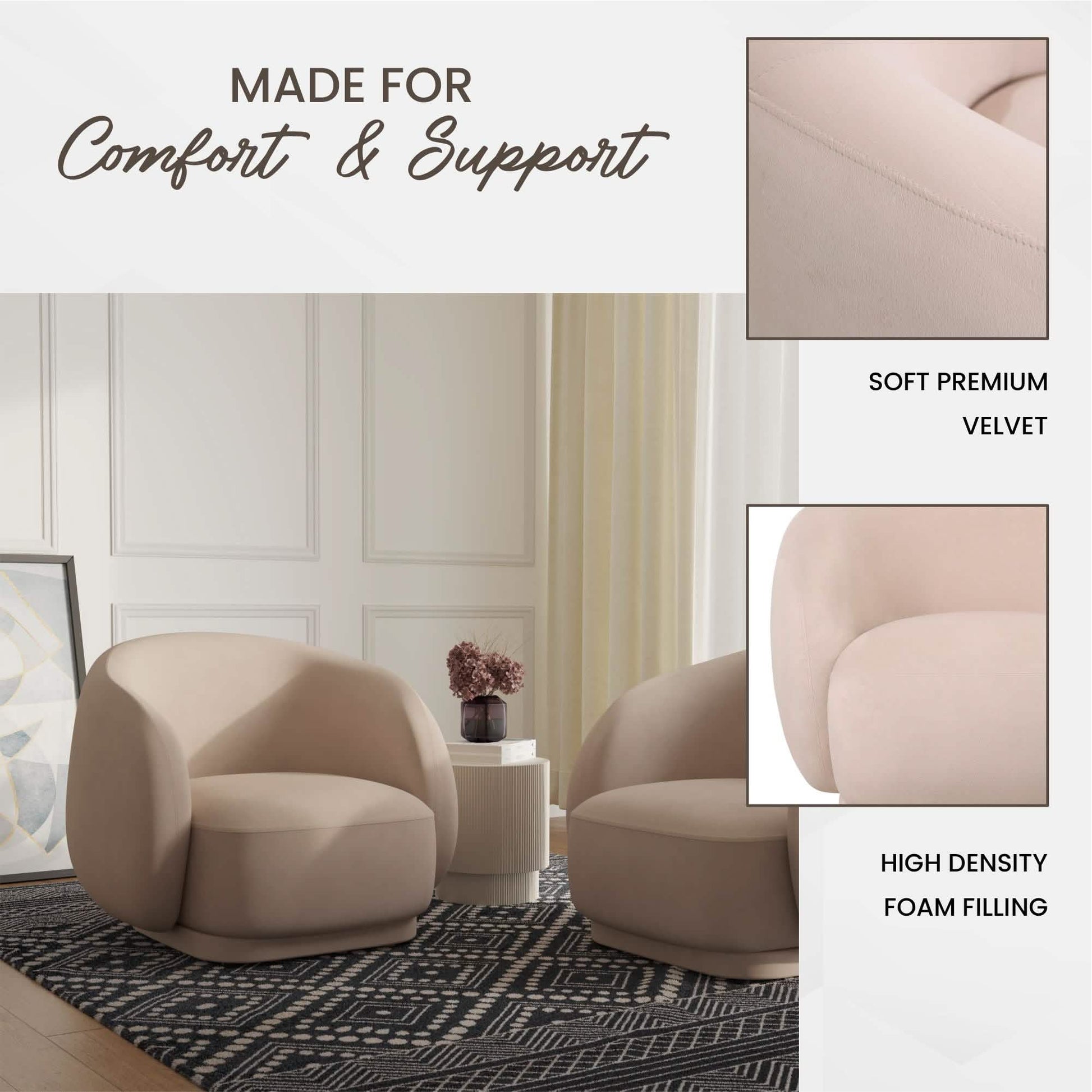 Faze Accent Chair Upholstered in Velvet Single - Seater Sofa Padded Seat and Back