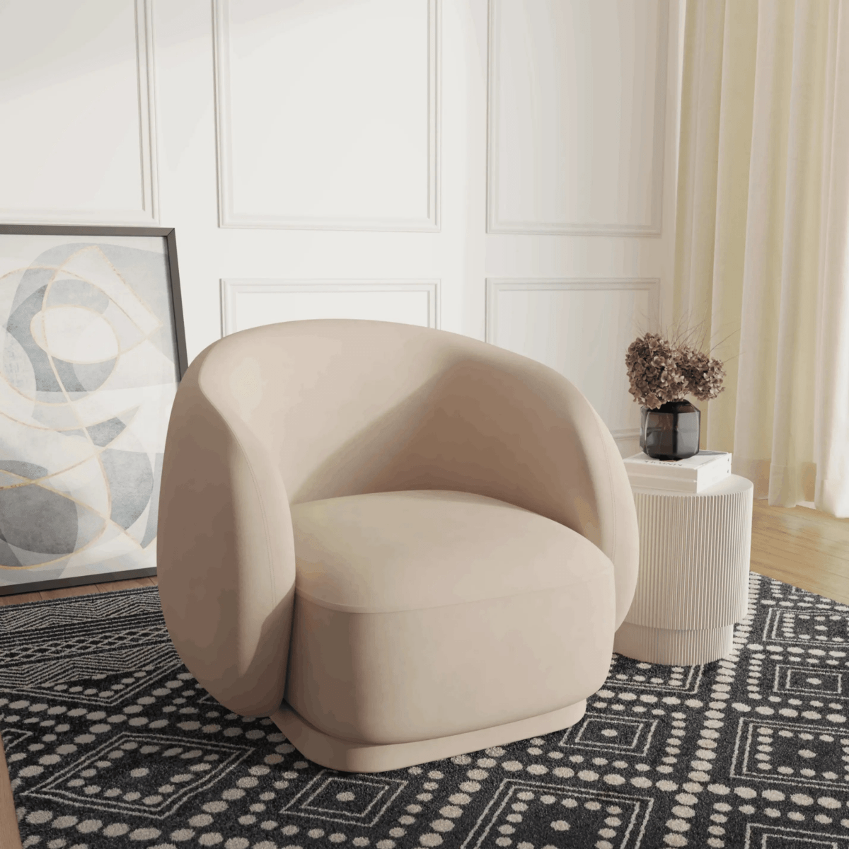 Faze Modern Barrel Accent Chair in Velvet with Wooden Base