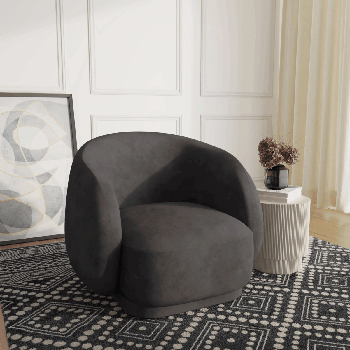 Faze Modern Barrel Accent Chair in Velvet with Wooden Base