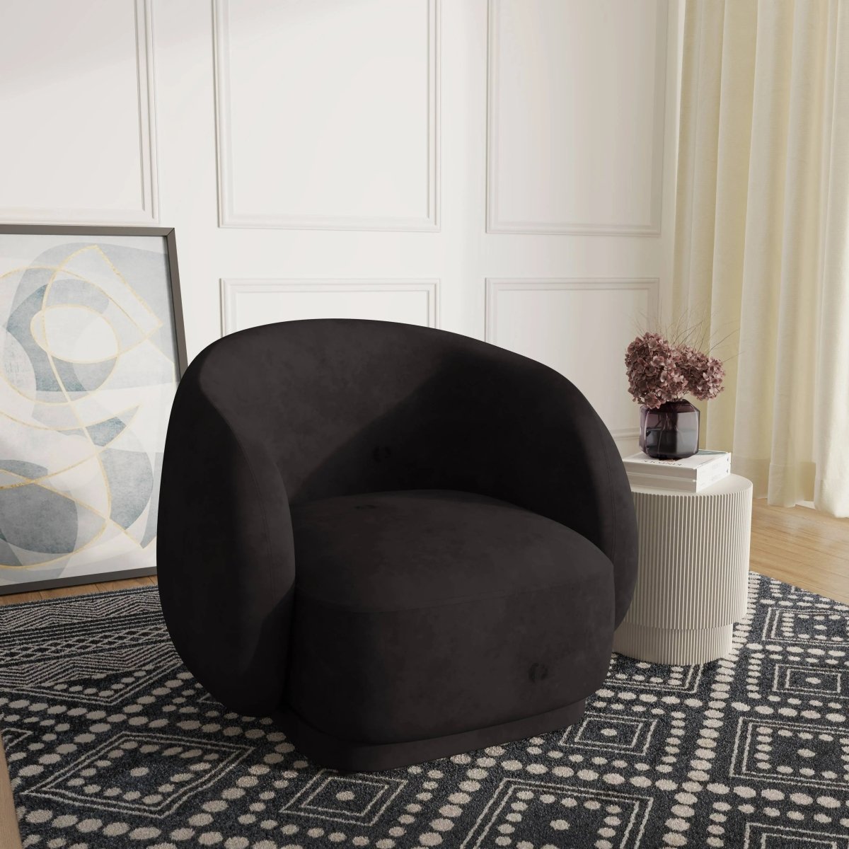 Faze Modern Barrel Accent Chair in Velvet with Wooden Base