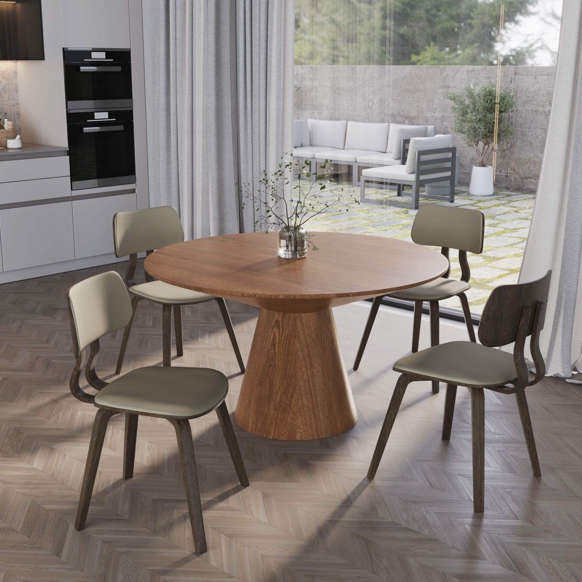 Fynix 5 - Piece Dining Set with Round Wooden Table in Natural Wood and 4 Leather Dining Chairs