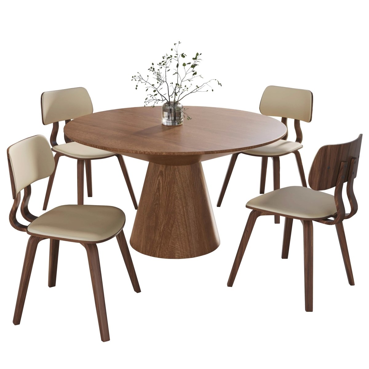 Fynix 5 - Piece Dining Set with Round Wooden Table in Natural Wood and 4 Leather Dining Chairs