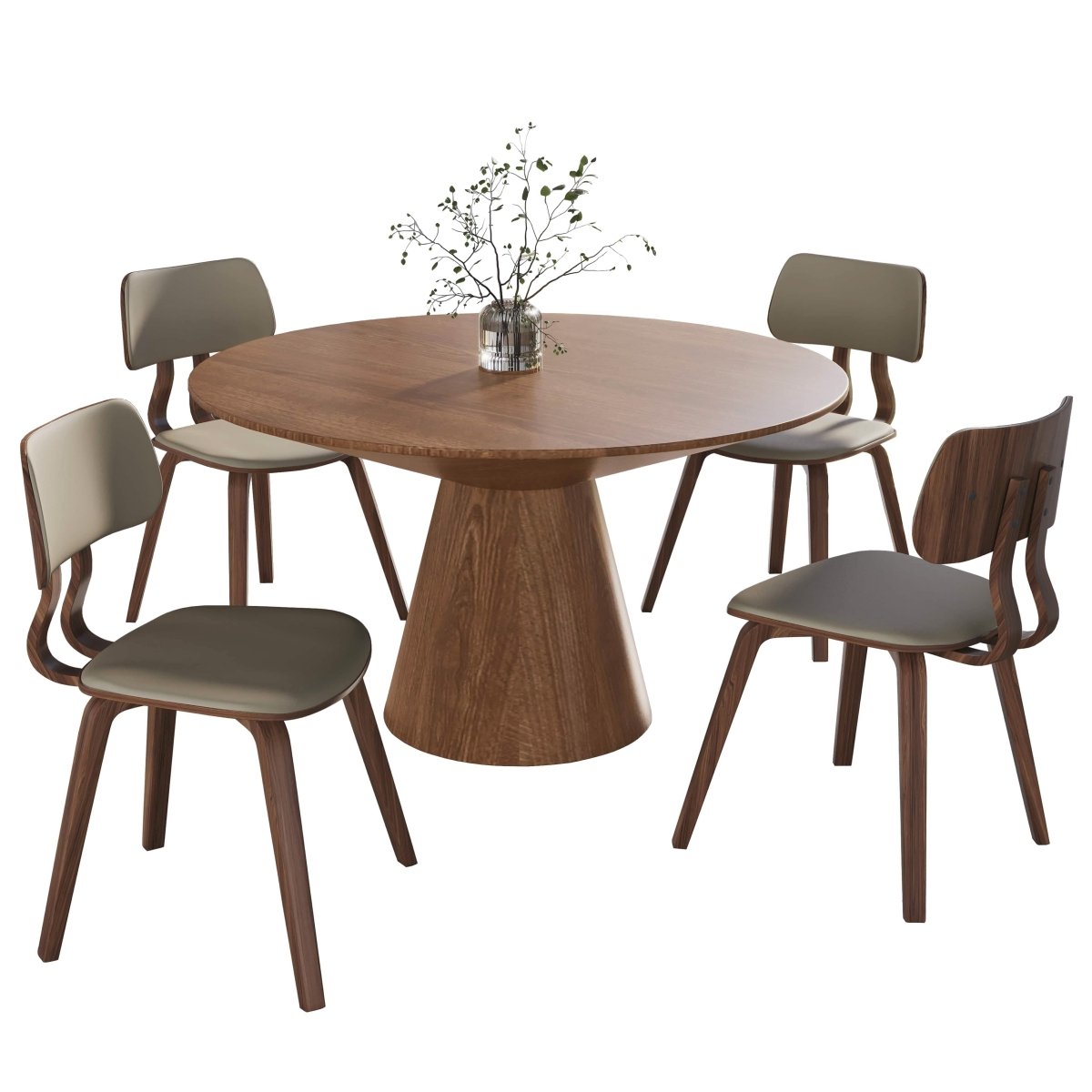 Fynix 5 - Piece Dining Set with Round Wooden Table in Natural Wood and 4 Leather Dining Chairs