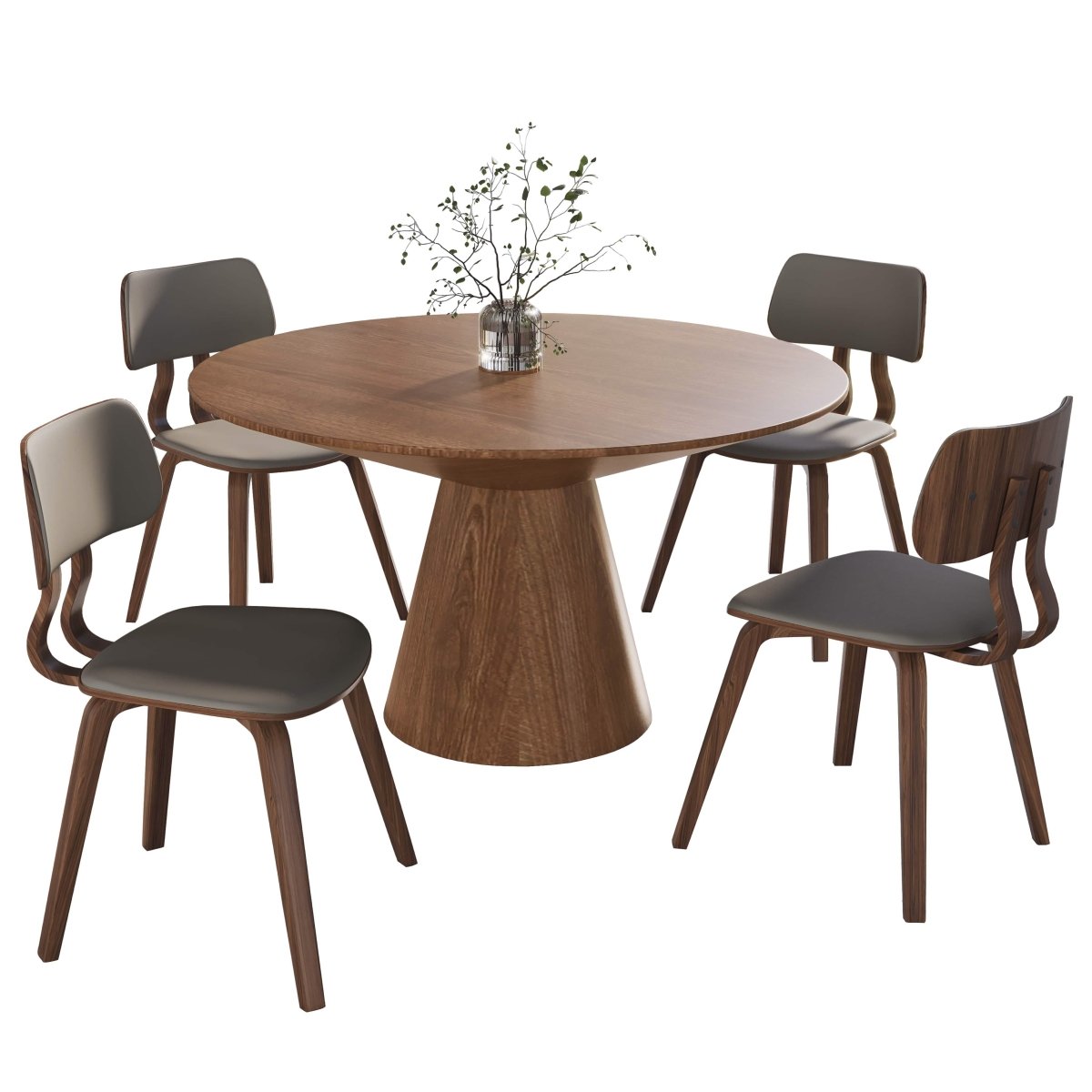 Fynix 5 - Piece Dining Set with Round Wooden Table in Natural Wood and 4 Leather Dining Chairs