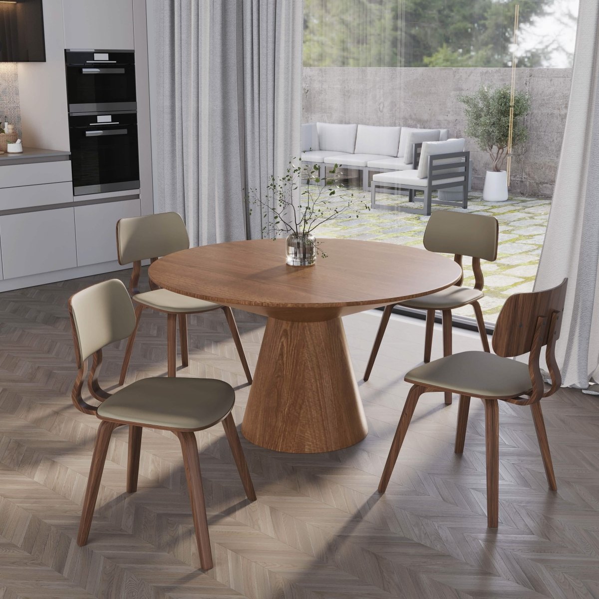 Fynix 5 - Piece Dining Set with Round Wooden Table in Natural Wood and 4 Leather Dining Chairs