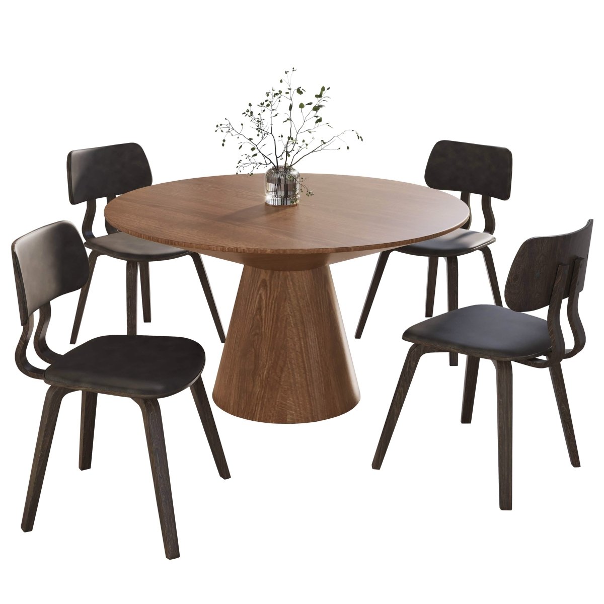 Fynix 5 - Piece Dining Set with Round Wooden Table in Natural Wood and 4 Leather Dining Chairs