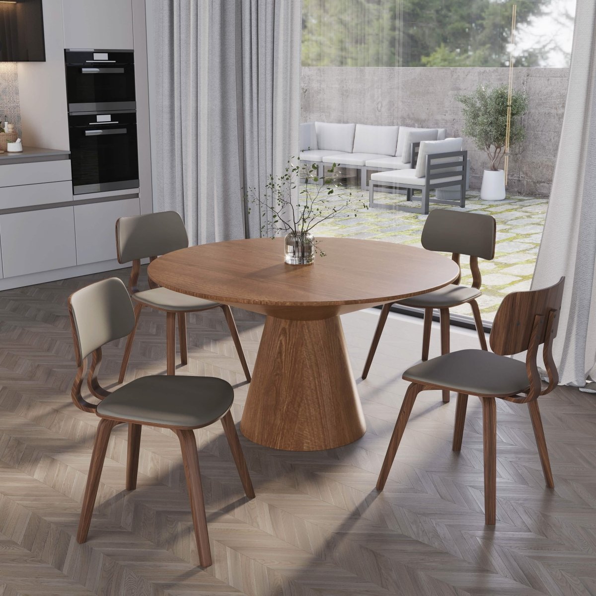 Fynix 5 - Piece Dining Set with Round Wooden Table in Natural Wood and 4 Leather Dining Chairs
