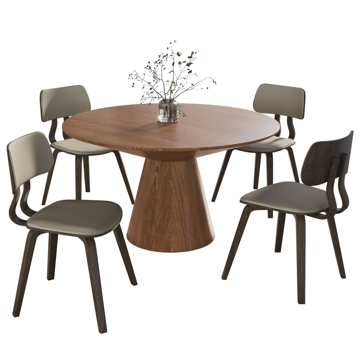 Fynix 5 - Piece Dining Set with Round Wooden Table in Natural Wood and 4 Leather Dining Chairs
