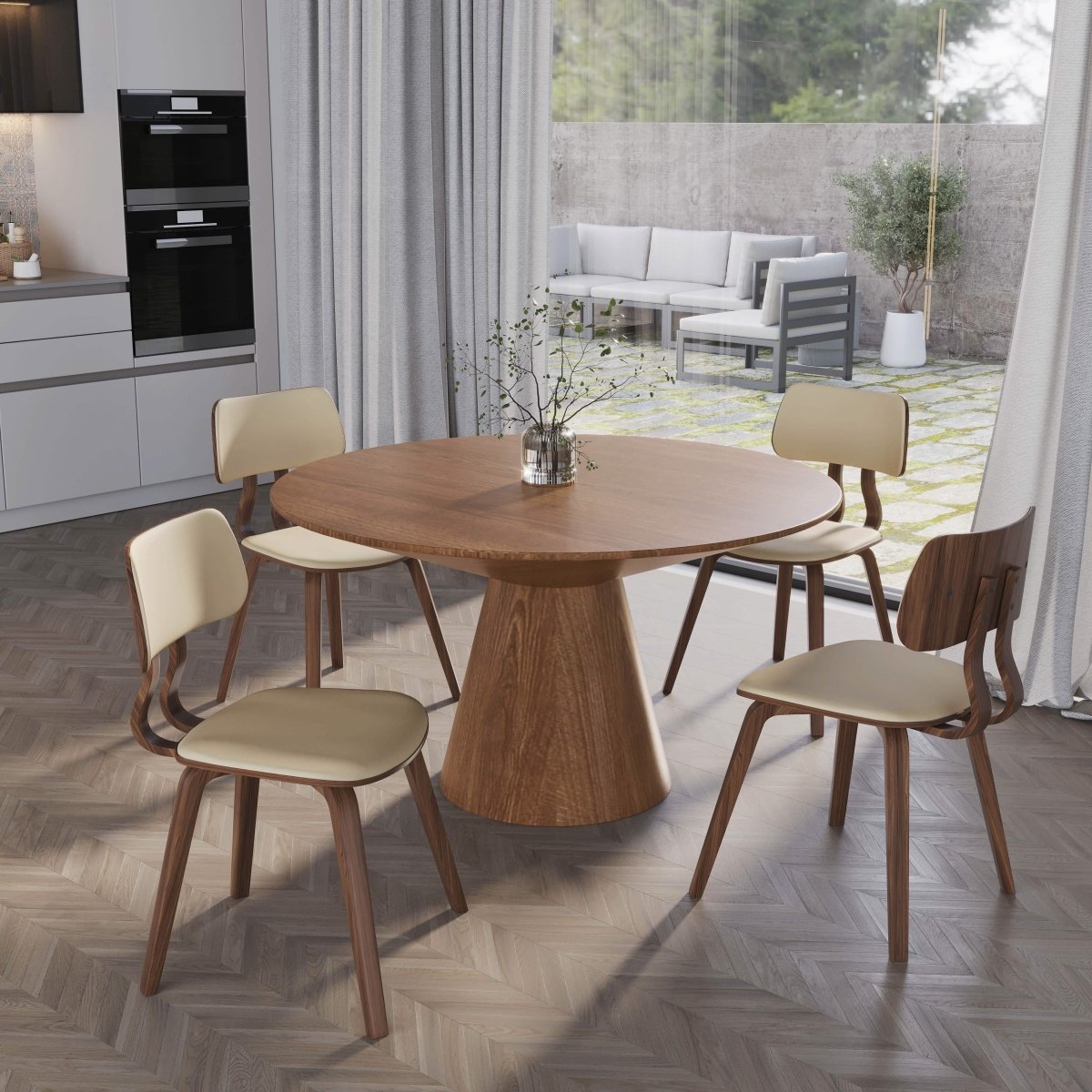 Fynix 5 - Piece Dining Set with Round Wooden Table in Natural Wood and 4 Leather Dining Chairs
