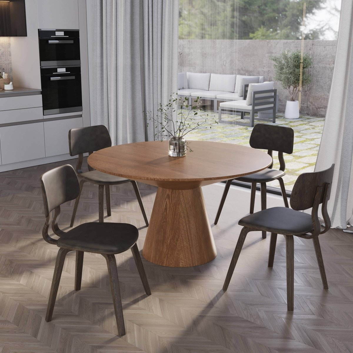 Fynix 5 - Piece Dining Set with Round Wooden Table in Natural Wood and 4 Leather Dining Chairs