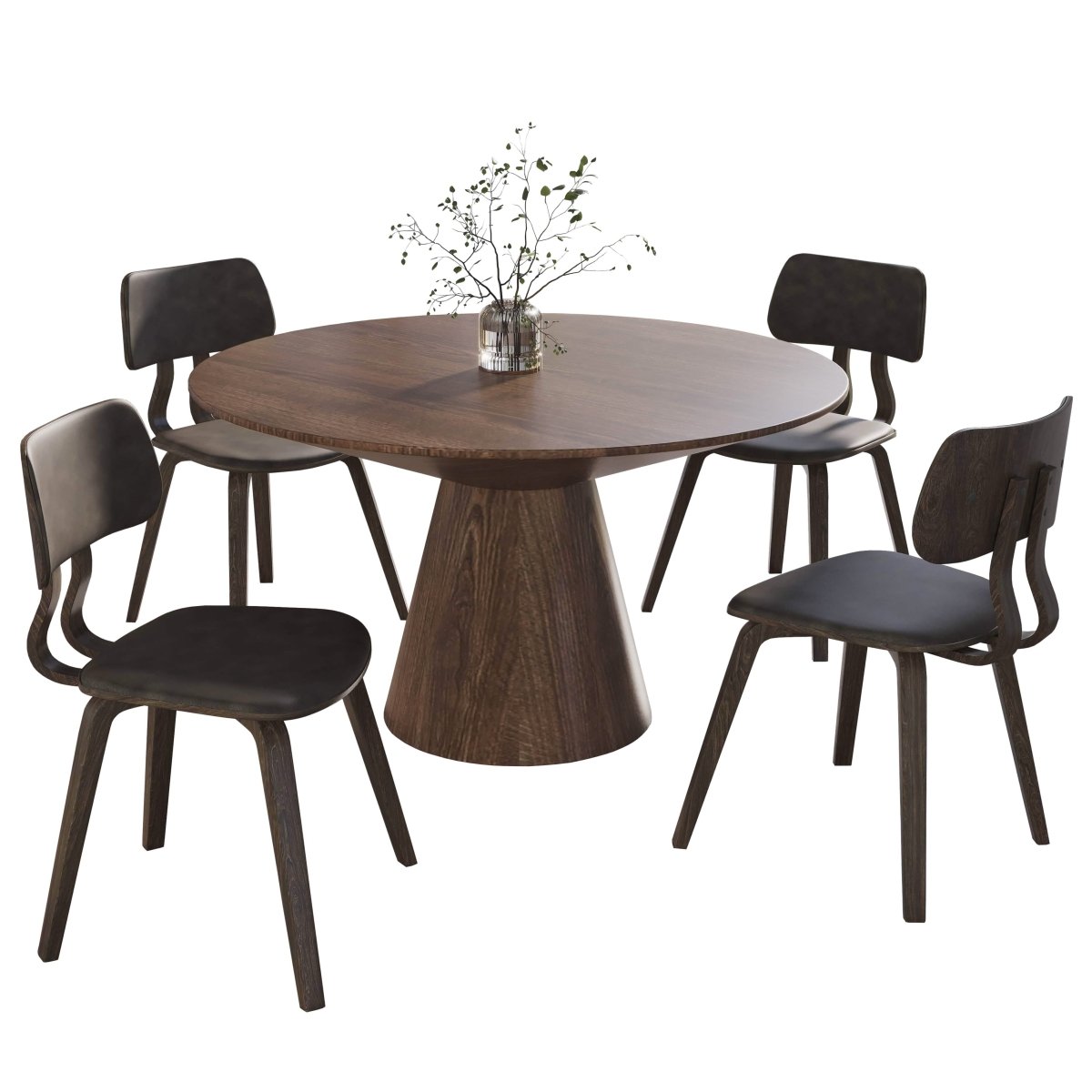 Fynix 5 - Piece Dining Set with Round Wooden Table in Walnut and 4 Leather Dining Chairs