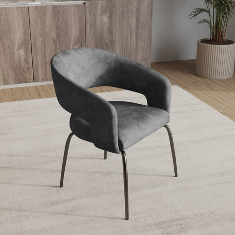 Gavin Dining Chair Upholstered in Leather/Velvet with Open Curved Backrest in Black Iron