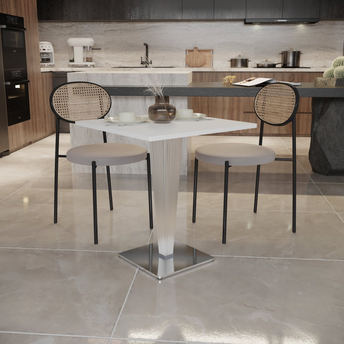 Glen Square Dining Table with a Square MDF Tabletop in Acrylic and Chrome Metal Base