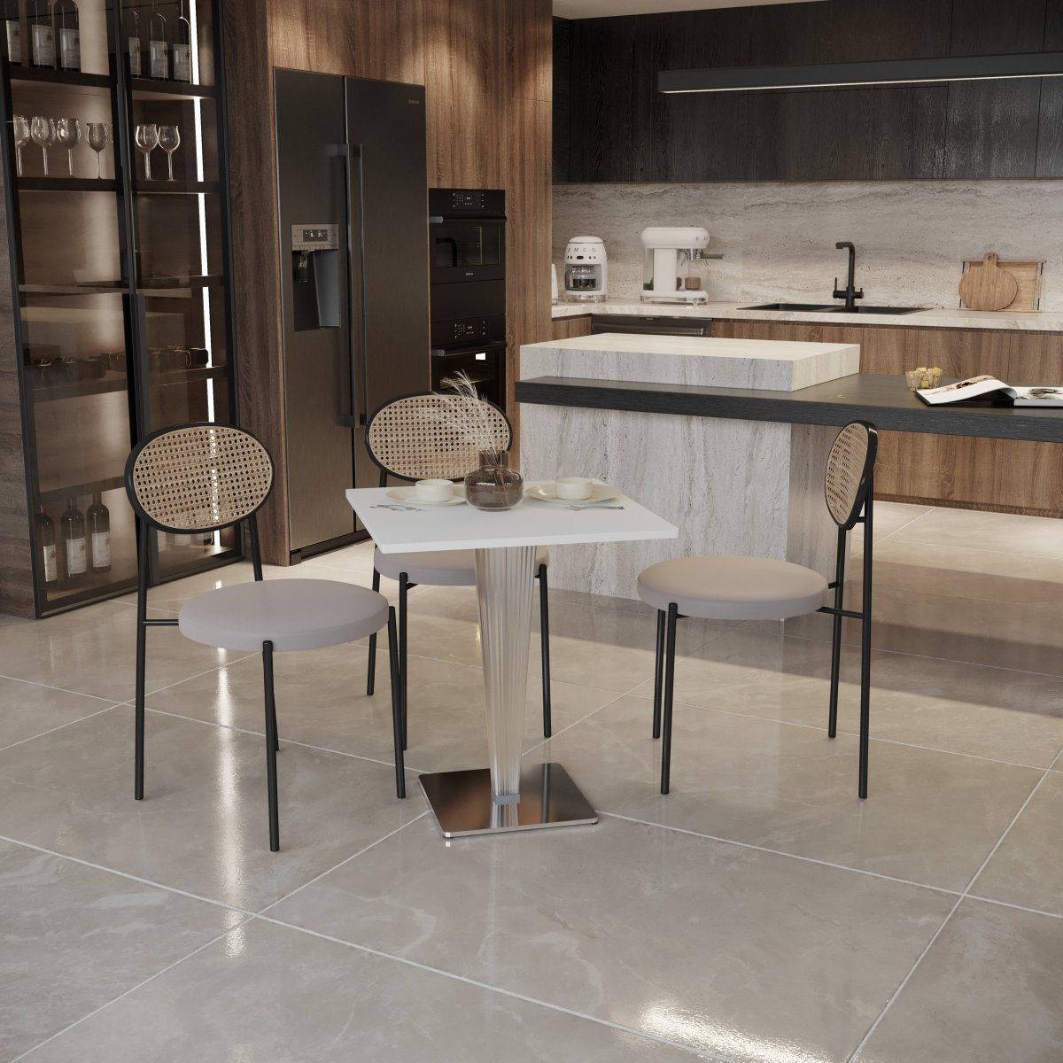 Glen Square Dining Table with a Square MDF Tabletop in Acrylic and Chrome Metal Base