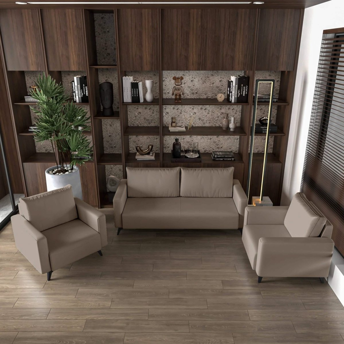 Inno 3 - Piece Leather Sofa Set with 2 Single - Seater and a Three - Seater Sofa with Stainless Steel Legs