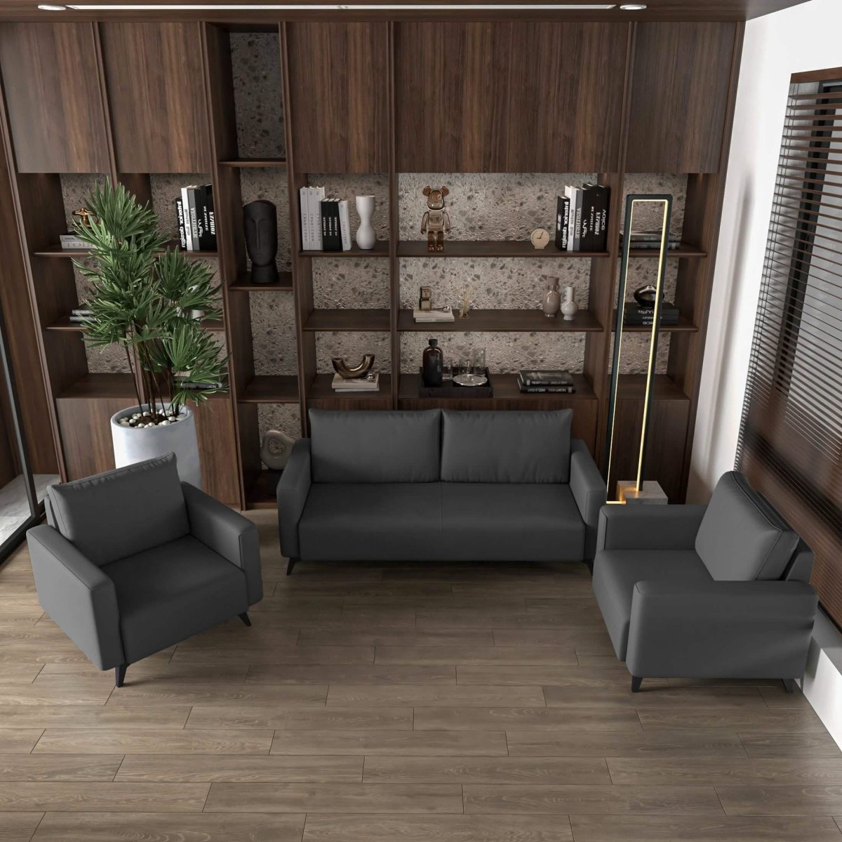 Inno 3 - Piece Leather Sofa Set with 2 Single - Seater and a Three - Seater Sofa with Stainless Steel Legs