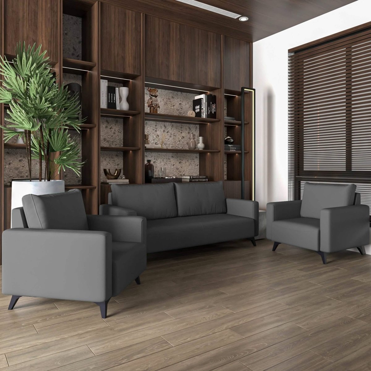 Inno 3 - Piece Leather Sofa Set with 2 Single - Seater and a Three - Seater Sofa with Stainless Steel Legs