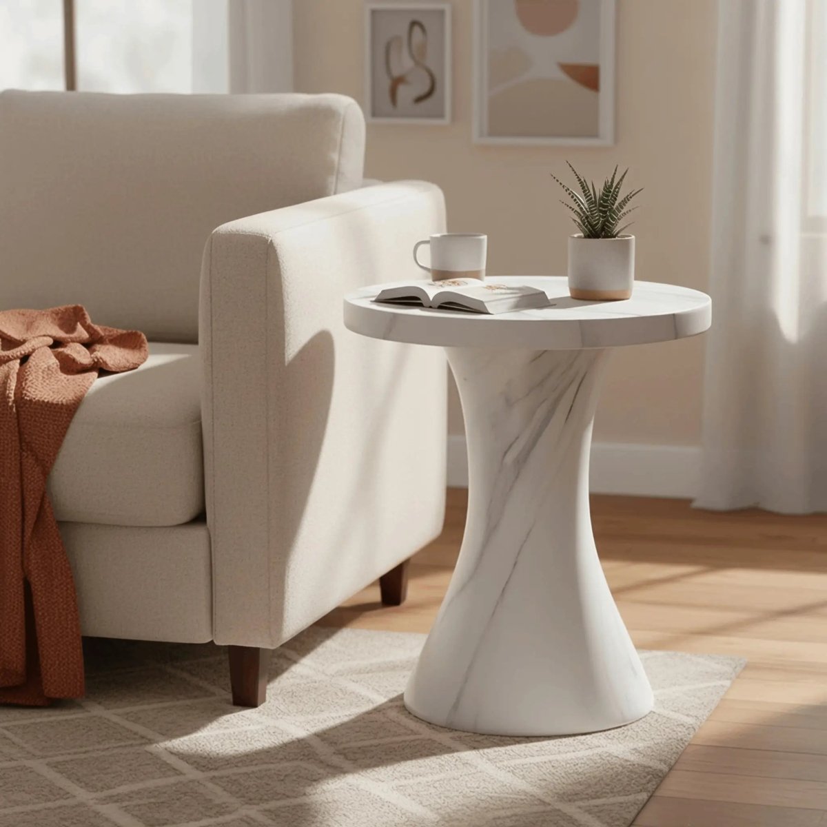 Isidra 19" Round Fiberstone Side Table with Marble - Inspired Finish and Flared Pedestal Base