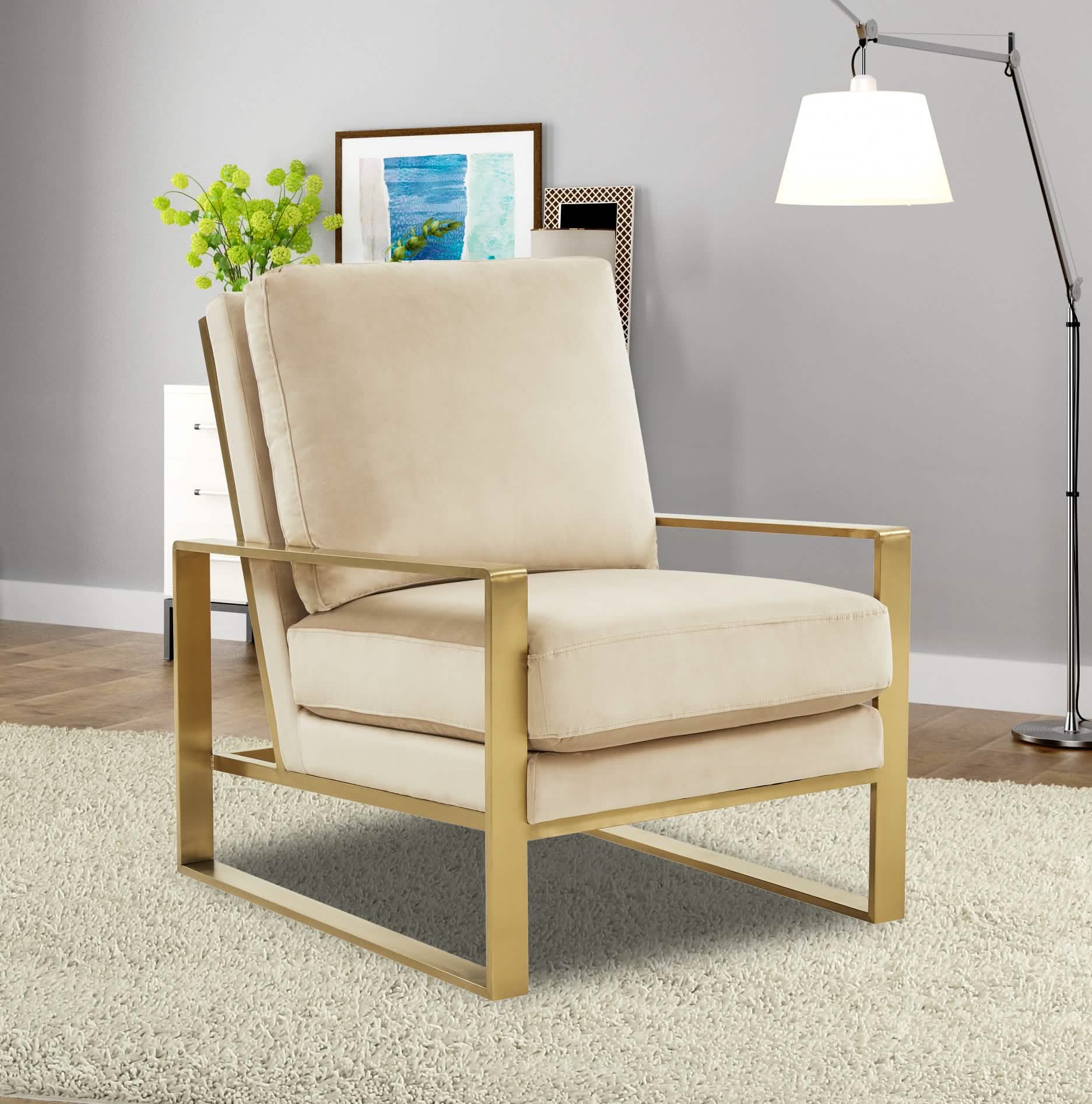 Jefferson Accent Armchair Upholstered in Velvet/Leather and Gold/Silver Metal Frame