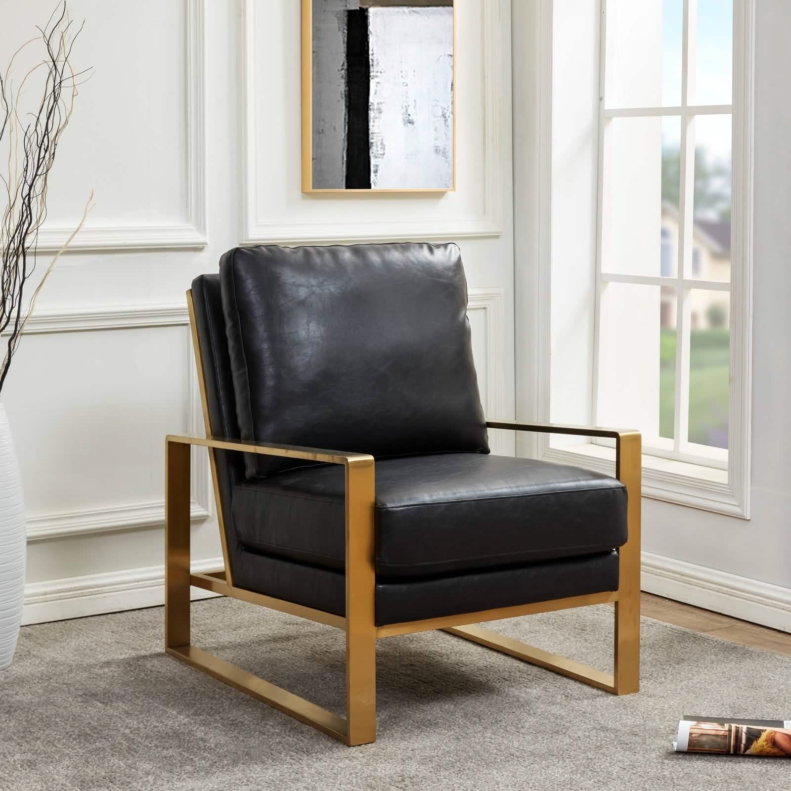 Jefferson Accent Armchair Upholstered in Velvet/Leather and Gold/Silver Metal Frame
