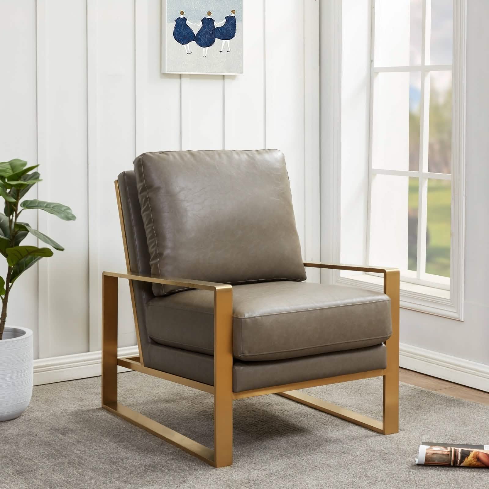 Jefferson Accent Armchair Upholstered in Velvet/Leather and Gold/Silver Metal Frame