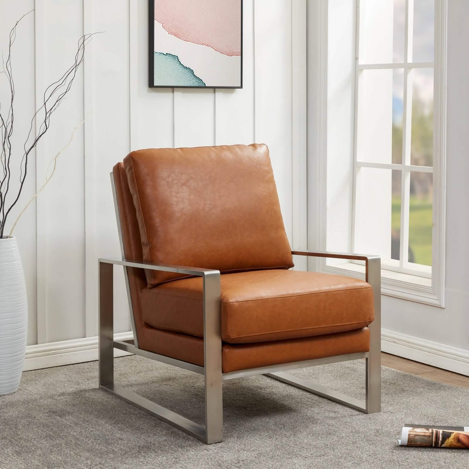 Jefferson Accent Armchair Upholstered in Velvet/Leather and Gold/Silver Metal Frame