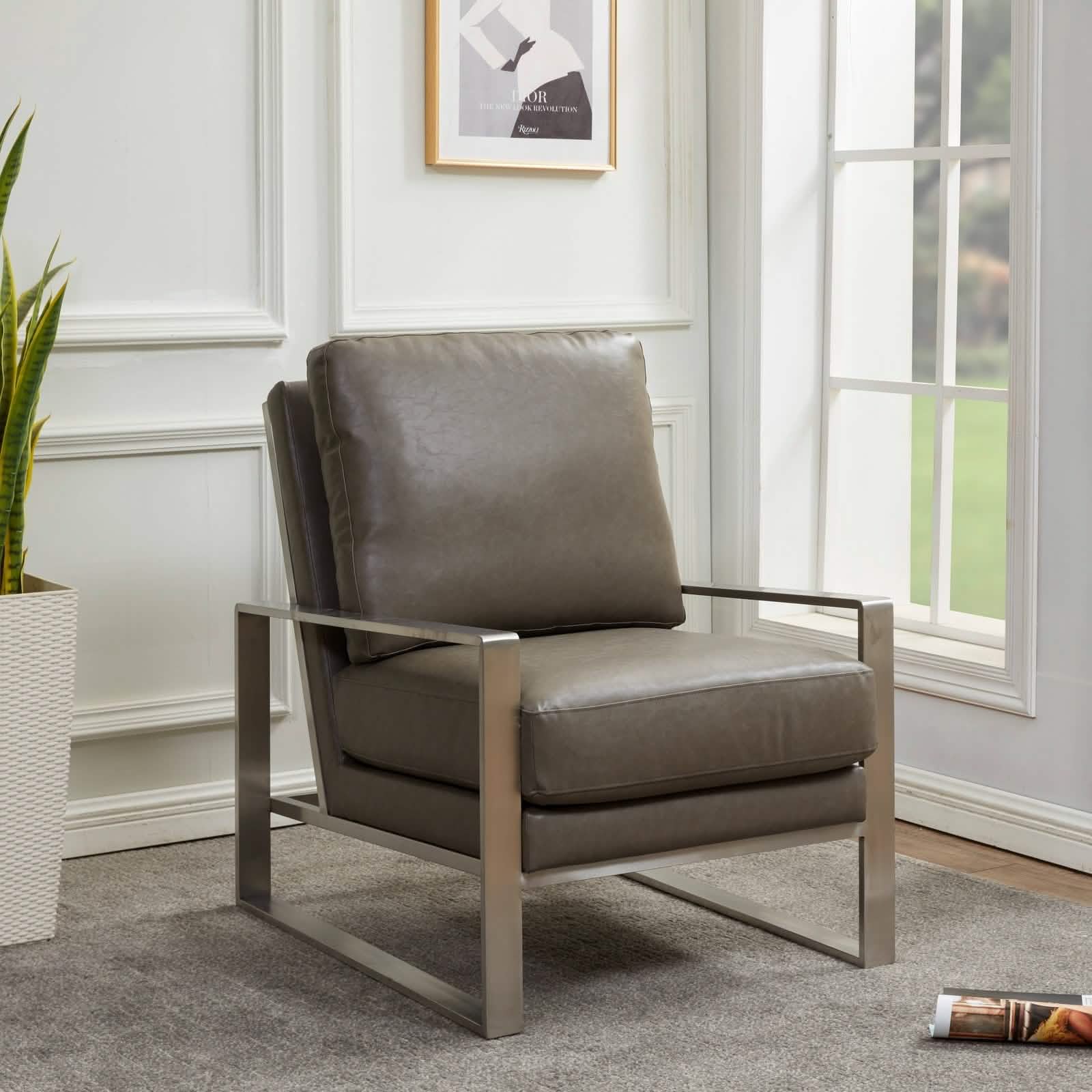 Jefferson Accent Armchair Upholstered in Velvet/Leather and Gold/Silver Metal Frame