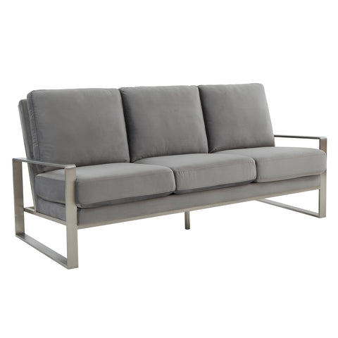 Jefferson 3-Seater Velvet/Leather Full Size Sofa in Stainless Steel