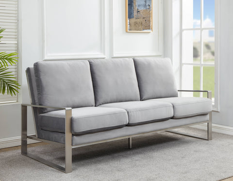 Jefferson 3-Seater Velvet/Leather Full Size Sofa in Stainless Steel