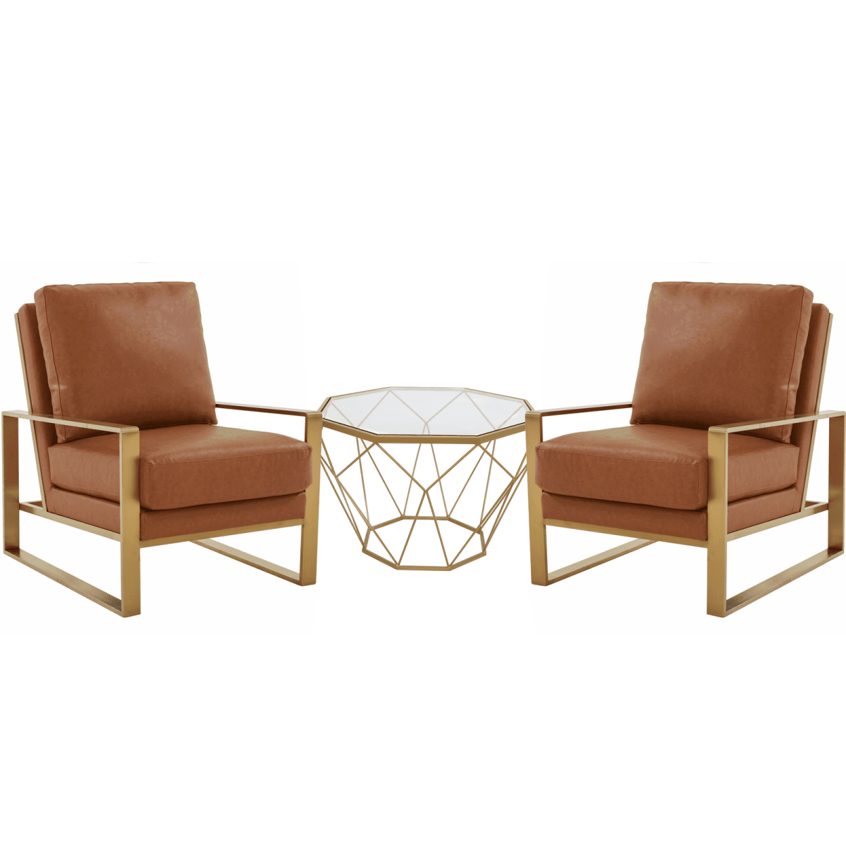 Jefferson 3 - Piece Leather Arm Chairs and Octagonal Coffee Table with Gold Base Set for Living Room