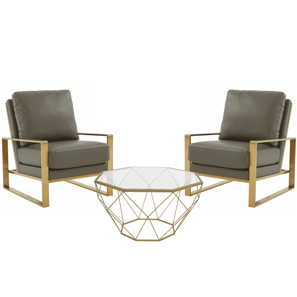 Jefferson 3 - Piece Leather Arm Chairs and Octagonal Coffee Table with Gold Base Set for Living Room