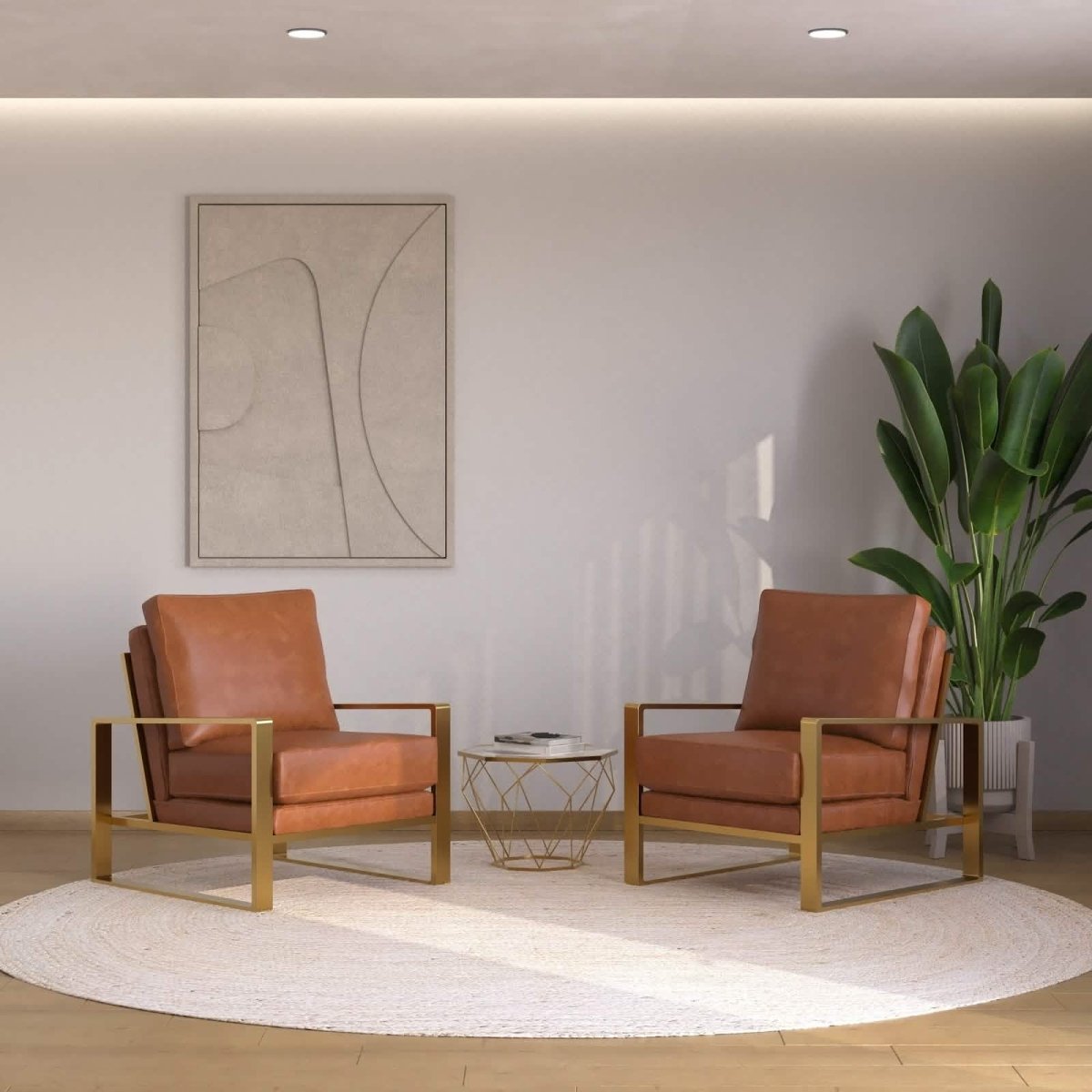 Jefferson 3 - Piece Leather Arm Chairs and Octagonal Coffee Table with Gold Base Set for Living Room