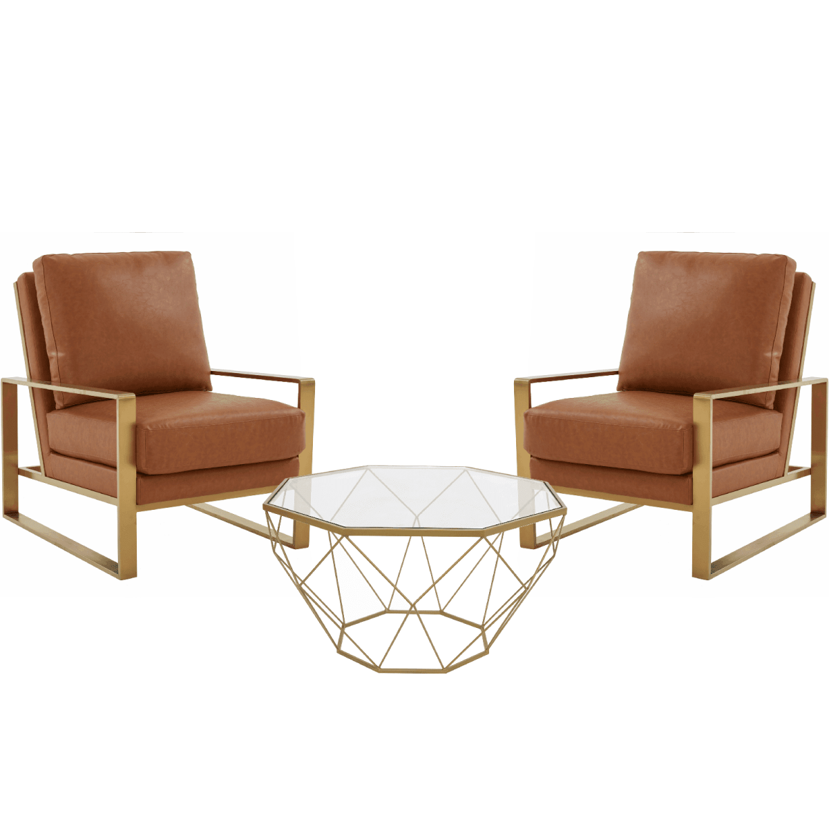 Jefferson 3 - Piece Leather Arm Chairs and Octagonal Coffee Table with Gold Base Set for Living Room